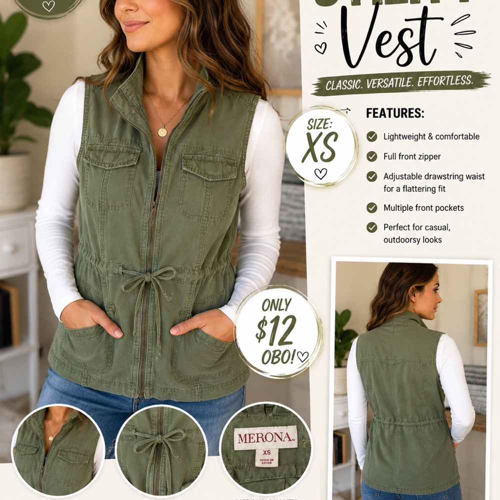 Merona Olive Green Utility Vest – Women’s XS | Lightweight Zip-Up Safari Vest